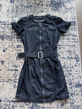 Eighty Eight Dark Blue Denim Zip-Front Belted Midi Dress